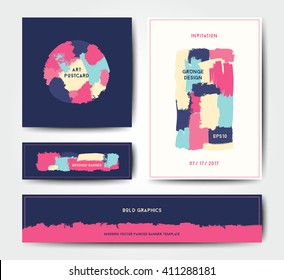 Modern grunge brush design templates, wedding invitation, banner, art vector cards design in soft colors