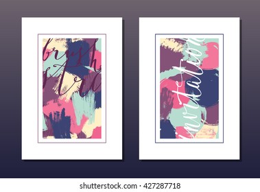 Modern grunge brush design templates, wedding invitation, postcard, art vector cards design in bright colors