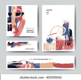 Modern grunge brush postcard template, art vector cards design in bright colors