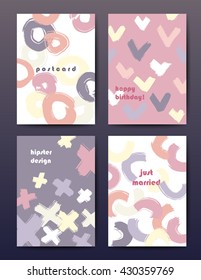 Modern grunge brush postcard template, art vector cards design in bright colors, funny hipster design postcards, doodle geometry