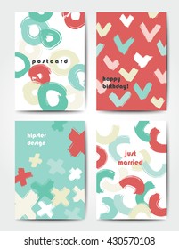 Modern grunge brush postcard template, art vector cards design in bright colors, funny hipster design postcards, doodle geometry