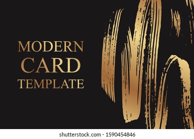 Modern grunge card template for business or presentation or greeting with golden paint brush stroke on a black background.