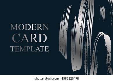 Modern grunge card template for business or presentation or greeting with silver paint brush stroke on a navy blue background.
