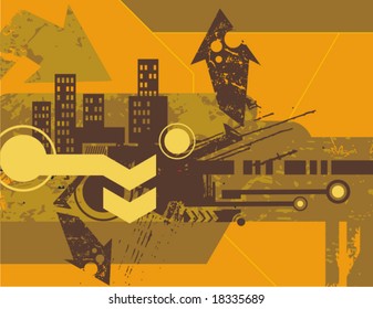 Modern grunge design with a cityscape, vector illustration.