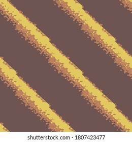 Modern grunge diagonal stripe vector seamless pattern background. Painterly brush stroke style slanted gold bands on brown backdrop. Abstract geometric design. All over print for autumn, fall concept