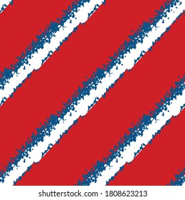 Modern grunge diagonal stripe vector seamless pattern background. Painterly brush stroke style slanted white blue bands on red backdrop. Abstract geometric design. All over print for nautical concept