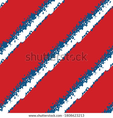 Modern grunge diagonal stripe vector seamless pattern background. Painterly brush stroke style slanted white blue bands on red backdrop. Abstract geometric design. All over print for nautical concept