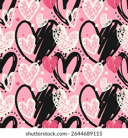 Patrón de corazón grunge moderno. Funky marcador dibujado corazones sin patrón. Patrón romántico juguetón de los corazones en el fondo rosado para las telas, materia textil, papel de embalaje, empaquetado