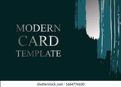 Modern grunge luxury card template for business or presentation or greeting with silver and turquoise paint brush strokes on a dark green background.