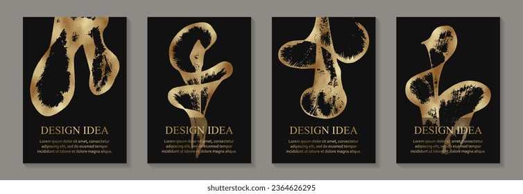 Modern grunge luxury card template for business or presentation or greeting with golden paint waves on a black background.