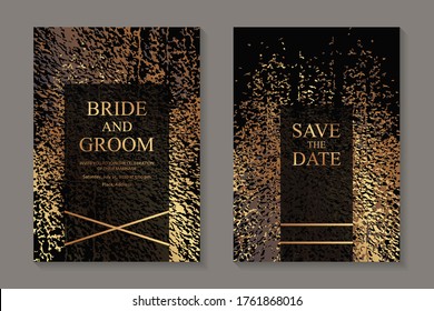 Modern grunge luxury wedding invitation design or card templates for business or presentation or greeting with golden paint splashes on a black background.