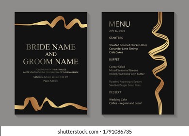 Modern grunge luxury wedding invitation design or card templates for business or poster or greeting with golden paint brush strokes on a black background.