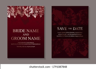 Modern grunge luxury wedding invitation design or card templates for business or poster or greeting with rose gold leaves prints on a red background.