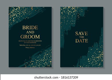 Modern grunge luxury wedding invitation design or card templates for business or poster or greeting with green paint brush strokes and golden splashes on a dark background