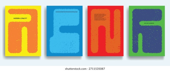 Cartazes grunge modernos conjunto, bordas ásperas, formas angustiadas . Composição de projeto vetorial com formas geométricas . Arte contemporânea abstrata . Arte vetorial ideal para mídia, anúncios, capas, brochuras, banners.