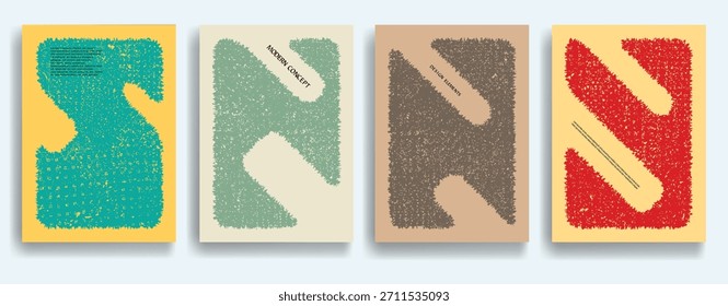 Modern grunge posters set, rough edges, distressed shapes . Vector design composition with geometric shapes . Abstract contemporary art . Vector art ideal for media, ads, covers, brochures, banners.