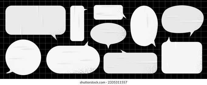 Modern grunge school sticker for collage or note. Speech bubble with realistic texture. Png emotional message. Vector illustration. White wet paper on black grid background