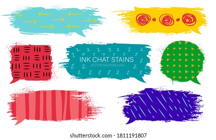 Modern grunge set of ink chat stains with hand drawing textures. Abstract speech bubbles collection. Concept for discuss social network, news, social networks, chat, dialogue speech bubbles.