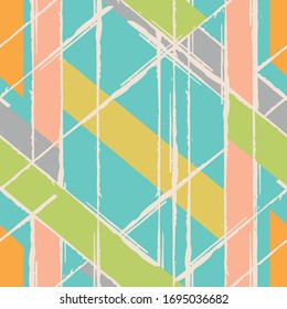 Modern grunge stripe vector seamless pattern background. Brush stroke style linear weave effect backdrop. Abstract diagonal blue pink, yellow design. Geometric all over print for beach, summer concept