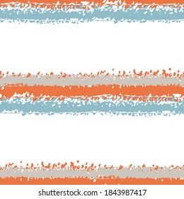 Modern grunge striped vector seamless pattern background. Horizontal painterly alternating stripes of blue, orange, beige on white backdrop. Crayon drawing effect. Textural geometric all over print