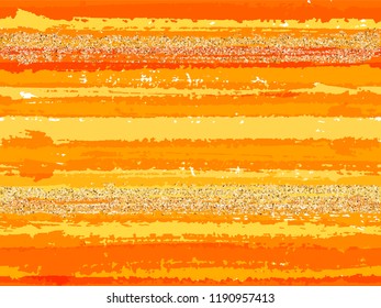 Modern grunge texture brush stroke stripes with gold glitter sparkles vector seamless pattern background. Sparkles golden glitter glossy confetti over horizontal ink lines. Fabric print.