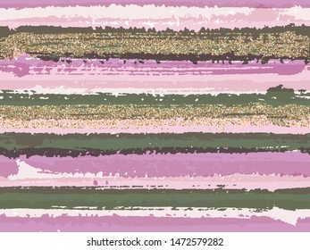 Modern grunge texture brush stroke stripes with gold glitter sparkles vector seamless pattern background. Sparkles golden glitter glossy confetti over horizontal painted stripes. Fabric print.