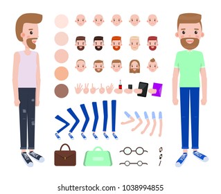 Modern guy constructor with spare body parts, colorful hairstyles, classic bags, round glasses, tasty drink and new gadgets vector illustrations.