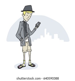 Modern guy looking at phone standing