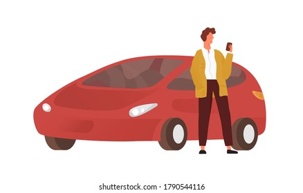 Modern guy use smartphone standing near red car vector flat illustration. Male character chatting on mobile posing with automobile isolated on white. Man using phone application outdoor