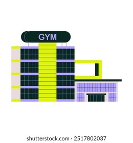 Exterior moderno del edificio del gimnasio en un entorno urbano, que simboliza un gimnasio, instalaciones deportivas y gimnasio, Ilustración vectorial plana aislada sobre fondo blanco.