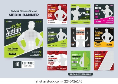 Moderna sesión de gimnasia de negocios y entrenamiento social media colección de post diseño con oscuros antecedentes. Plantilla de publicidad de negocios de gimnasios conjunto vector para el marketing digital. Conjunto de plantillas de entrenamiento de gimnasio.