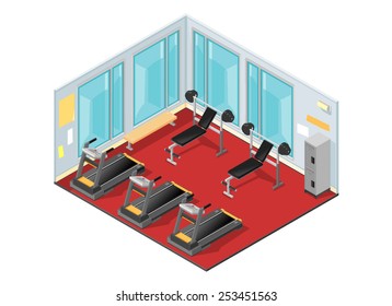 Modern Gym cutaway with weights and exercise machines. Isometric Gym Interior. Interior of modern Gym.
