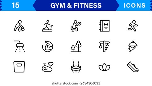 Modern Gym and Fitness Icons Showcasing Dumbbells, Muscles, Routines, Bodybuilding, and Active Lifestyle in an SEO-Optimized Vector Format