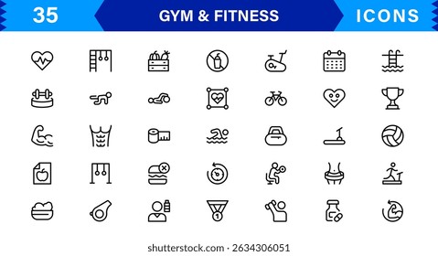 Modern Gym and Fitness Icons Showcasing Dumbbells, Muscles, Routines, Bodybuilding, and Active Lifestyle in an SEO-Optimized Vector Format