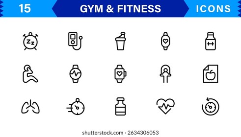 Modern Gym and Fitness Icons Showcasing Dumbbells, Muscles, Routines, Bodybuilding, and Active Lifestyle in an SEO-Optimized Vector Format