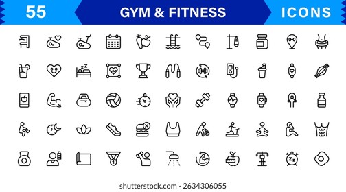 Modern Gym and Fitness Icons Showcasing Dumbbells, Muscles, Routines, Bodybuilding, and Active Lifestyle in an SEO-Optimized Vector Format