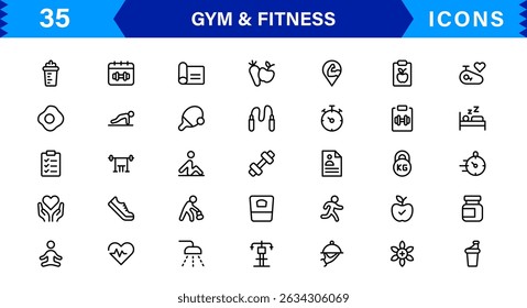 Modern Gym and Fitness Icons Showcasing Dumbbells, Muscles, Routines, Bodybuilding, and Active Lifestyle in an SEO-Optimized Vector Format