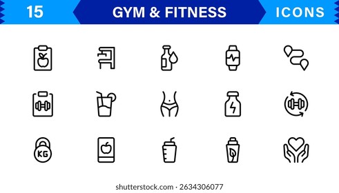 Modern Gym and Fitness Icons Showcasing Dumbbells, Muscles, Routines, Bodybuilding, and Active Lifestyle in an SEO-Optimized Vector Format