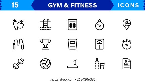 Modern Gym and Fitness Icons Showcasing Dumbbells, Muscles, Routines, Bodybuilding, and Active Lifestyle in an SEO-Optimized Vector Format