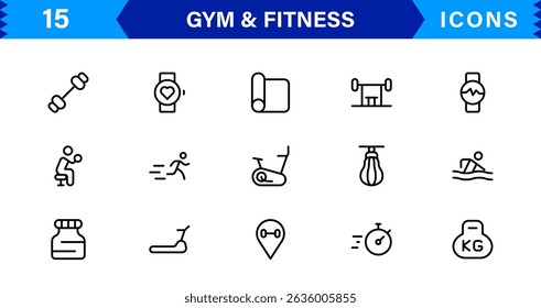 Modern Gym and Fitness Icons Showcasing Dumbbells, Muscles, Routines, Bodybuilding, and Active Lifestyle in an SEO-Optimized Vector Format