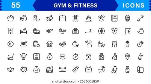 Modern Gym and Fitness Icons Showcasing Dumbbells, Muscles, Routines, Bodybuilding, and Active Lifestyle in an SEO-Optimized Vector Format