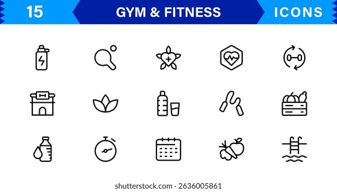 Modern Gym and Fitness Icons Showcasing Dumbbells, Muscles, Routines, Bodybuilding, and Active Lifestyle in an SEO-Optimized Vector Format