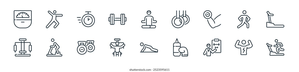 modern gym icon pack. perfect for linear ui designs featuring vector treadmill, six pack, trainer, punch, push up, body building, dumbbells and more icons for mobile and web apps.