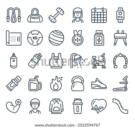 modern gym icon pack. perfect for linear ui designs featuring vector measuring tape, heartbeat, shaker, sweatshirt, man and more icons.