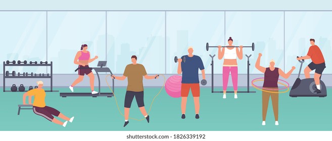 Modern gym with panoramic windows, sports equipment, exercise machines for women and men. People do various exercises in gym maintain healthy lifestyle.