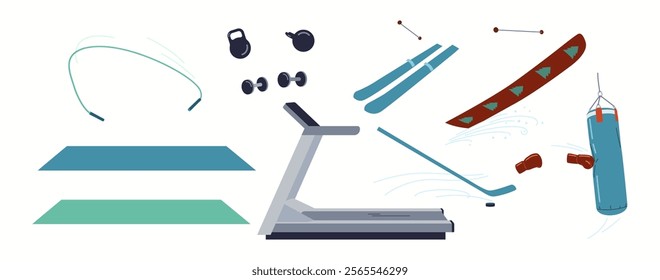 Modern gym sports inventory flat color vector objects set. Athletic equipment for various training illustrations bundle on white background