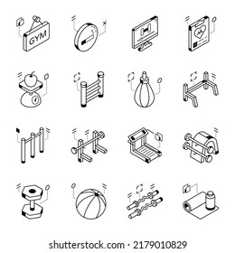 Modern Gym Tools Isometric Icons 

