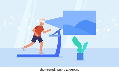 Modern gym vector concept. Young people training in the gym in the vr glasses. People playing VR games.  people in modern fitness center. VR  gaming, vr headset. Vector flat illustration. stock vector