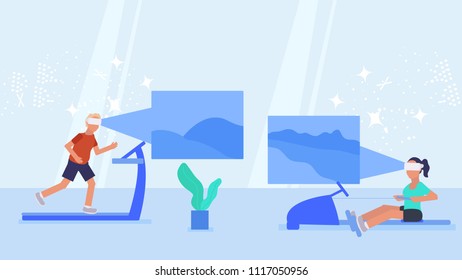 Modern gym vector concept. Young people training in the gym in the vr glasses. People playing VR games.  people in modern fitness center. VR  gaming, vr headset. Vector flat illustration. stock vector