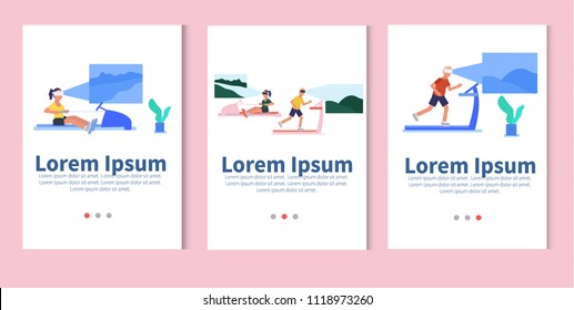 Modern gym vector concept. Young people training in the gym in the vr glasses. People playing VR games.  people in modern fitness center. VR  gaming, vr headset. Vector flat illustration. stock vector